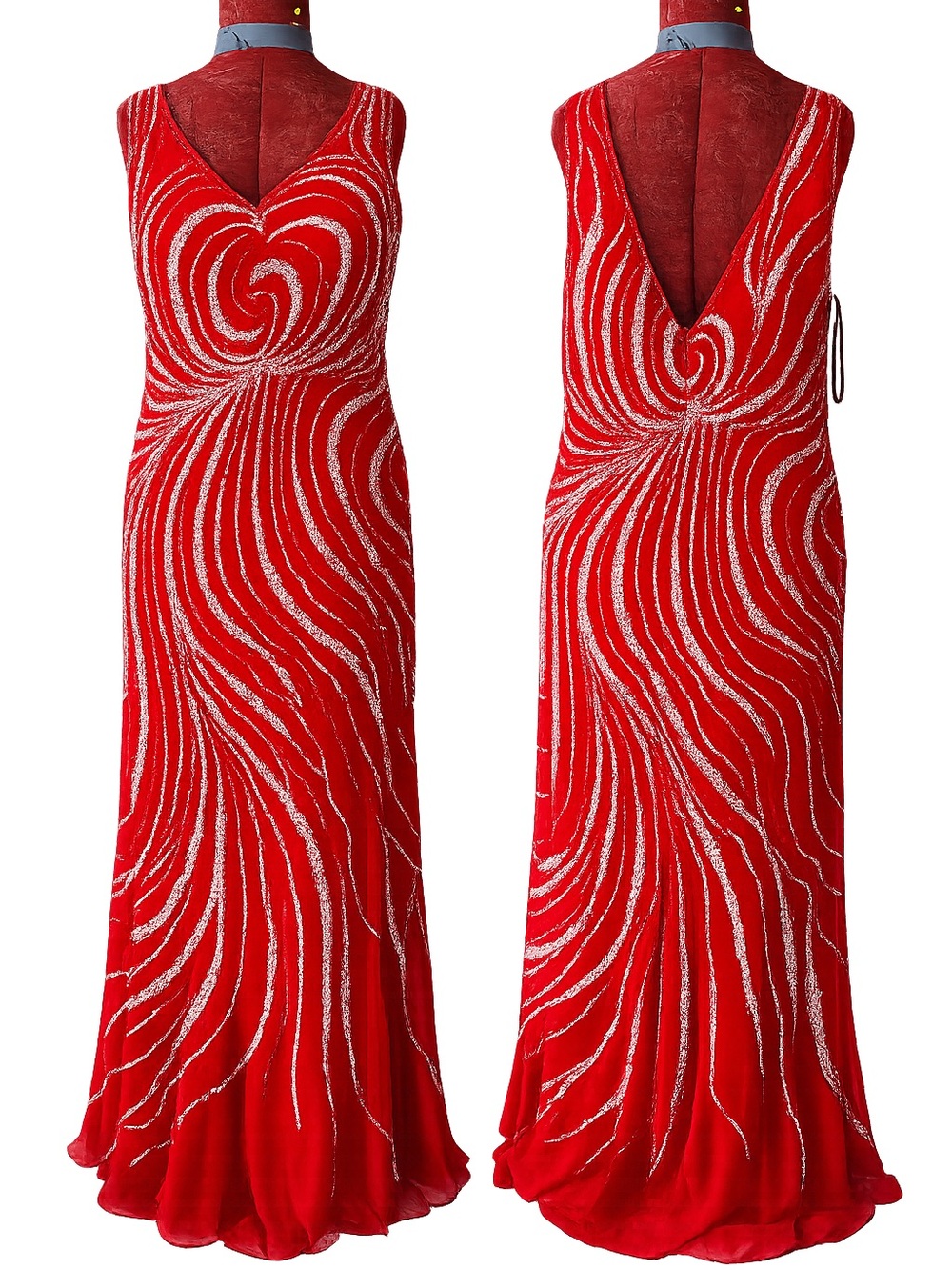 Red Beaded V-Neck Evening Gown